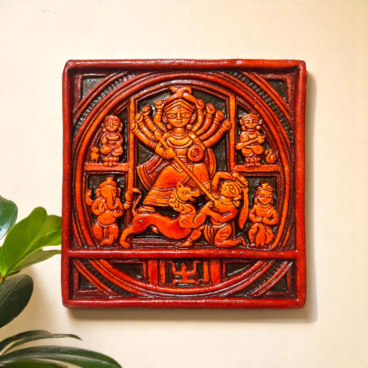Maa Durga Wall Hanging Terracotta Idol Murti | Sherawali Devi MATA Hand-Painted Spiritual Wall Hanging Art Decor for Home Temple, Mandir, Living & Office Decor | Spiritual Gifts (15x15 CM)