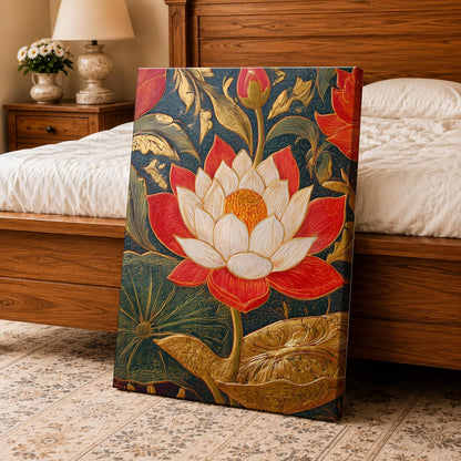 Traditional Indian Textured Embossed Lotus Canvas Wall Art Painting for wall decoration, Red & Gold Blooming Lotus Motifs Stretched Canvas Painting for living room, bedroom, Home and office, 16x22 Inch