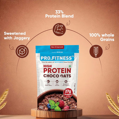 Pro.Fitness 27g High Protein Oats (By MyFitness) | Dark Chocolate Oats with Almonds, Pumpkin Seeds and Raisin | Chocolate Rolled Oats with Jaggery - No Refined Sugar | Breakfast Cereals