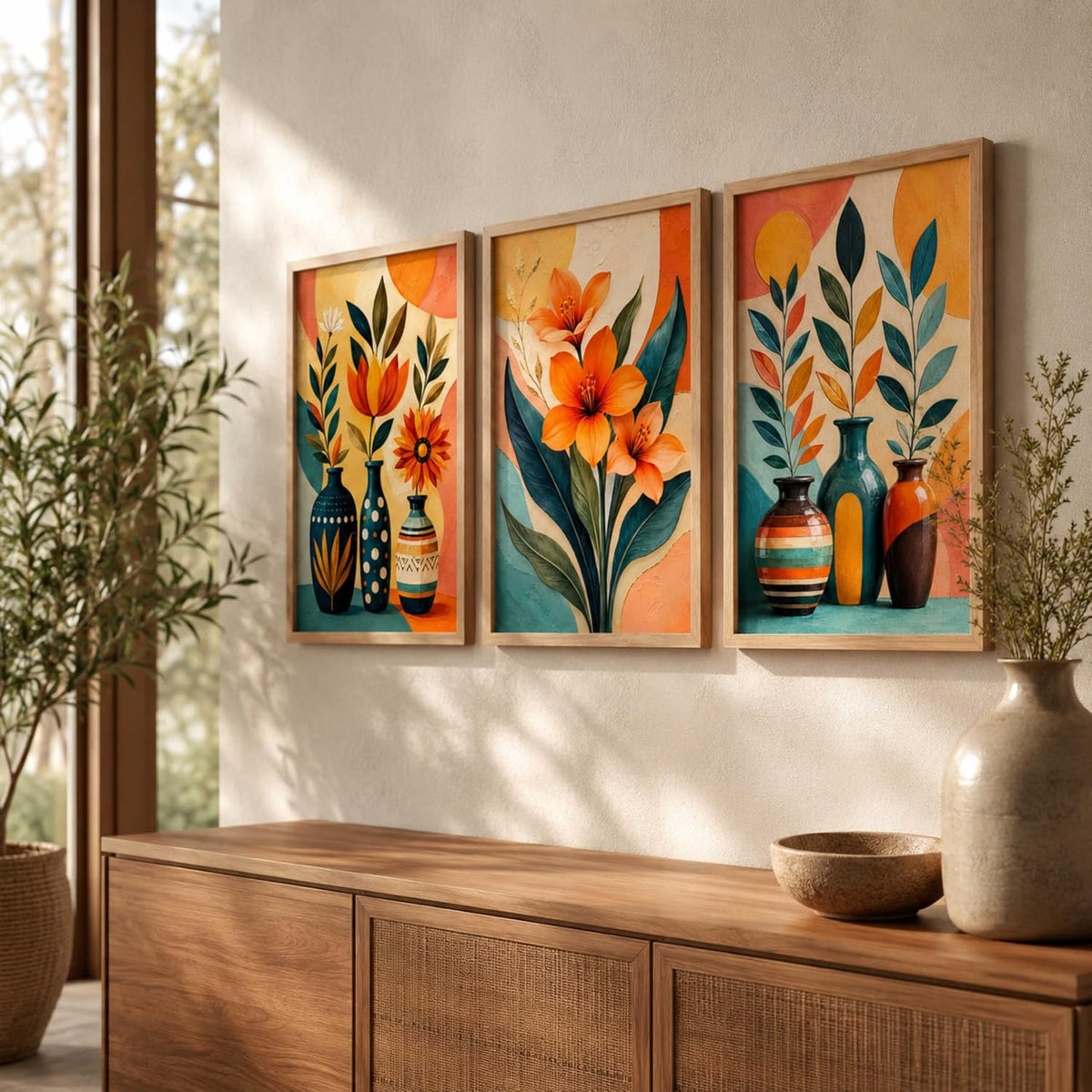 Set of 3 Floral Vase Wall Paintings with Sparkle Laminate, Premium Wooden Synthetic Frame, Modern Botanical Art for Living Room Bedroom Decor (13.5 x 19.5 Inch) NM03-166
