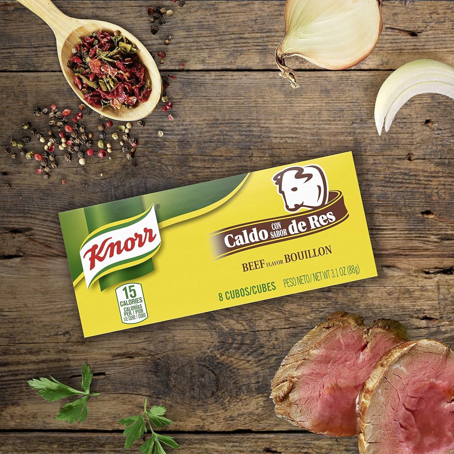 Knorr Bouillon Cubes Beef Flavor Bouillon/Caldo de Res Pack of 1, 8 Ct For Sauces, Soups and Stews Naturally Flavored 3.1 oz