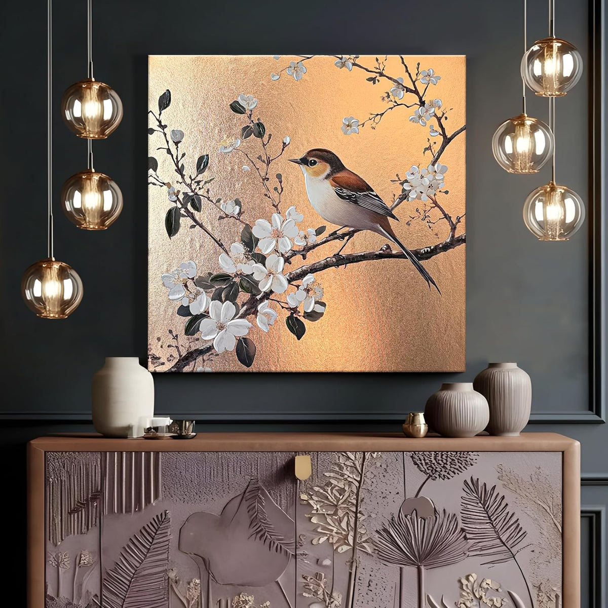 Stretched Canvas Glitter Gold Foil 3D Sparrow Birds of Cherry Blossom Flower Wall Art Bird Print with Hand-Painted Strokes Painting T1exture 3D Stretched Canvas Giclée Print, 61x61 cm
