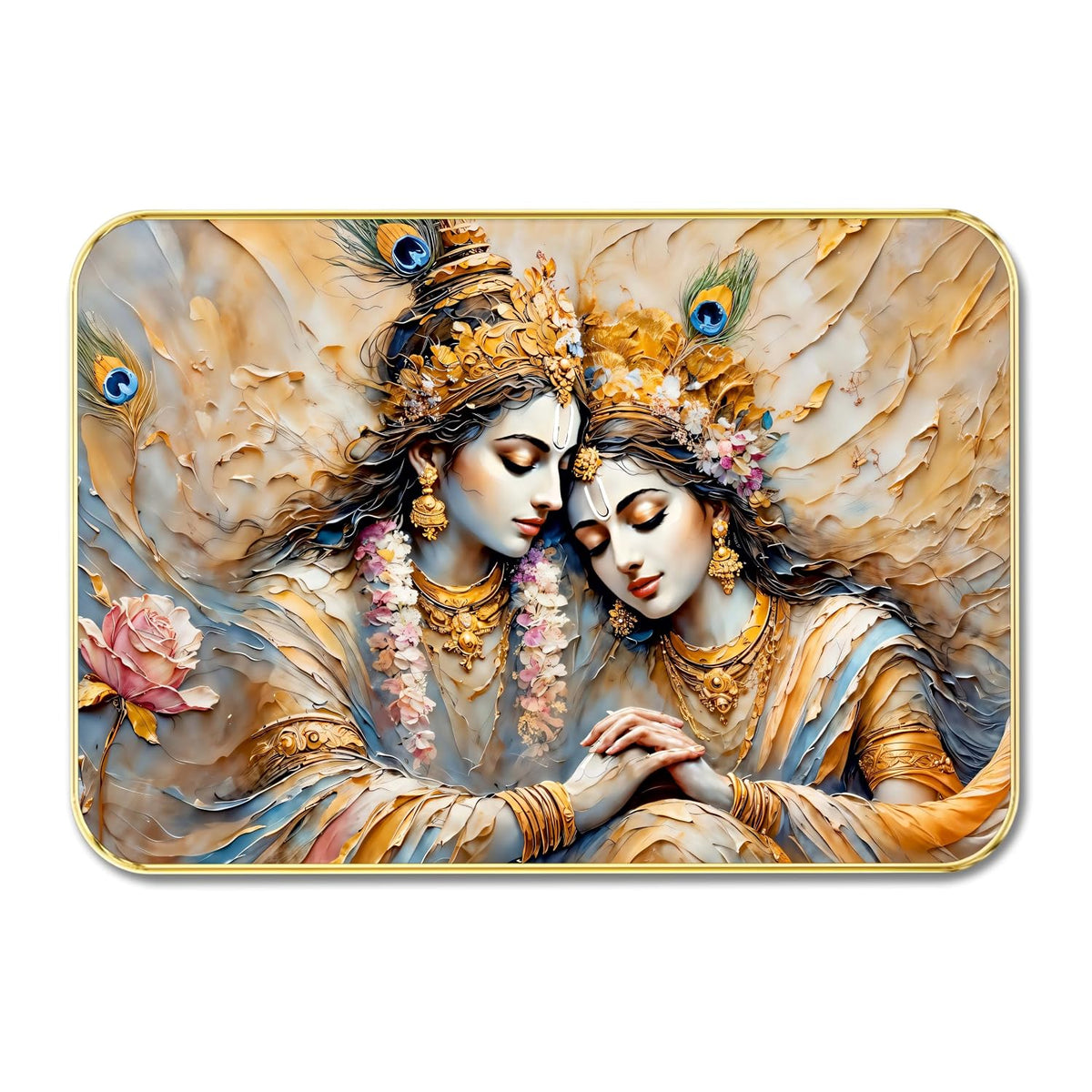 Radha Krishna Wall Art | Divine Romantic Spiritual Painting with 3D Textured Effect & Peacock Feathers | Framed Decorative Artwork for Living Room, Pooja Room (13 Inch x 19 Inch) MG01-823