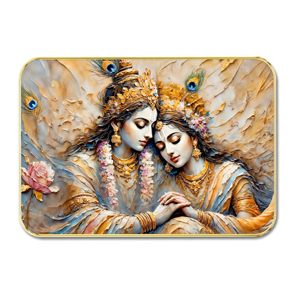 Radha Krishna Wall Art | Divine Romantic Spiritual Painting with 3D Textured Effect & Peacock Feathers | Framed Decorative Artwork for Living Room, Pooja Room (13 Inch x 19 Inch) MG01-823