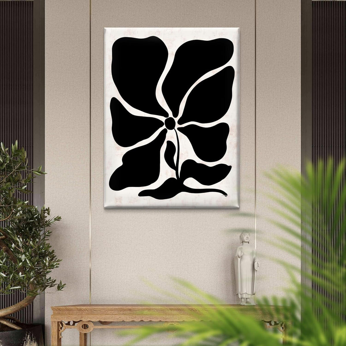 Black Abstract Floral Framed Canvas Wall Art – Bold Modern Flower Print on Beige Background | Minimalist Botanical Artwork for Living Room, Bedroom & Office (18 x 24 Inch) CVD-377