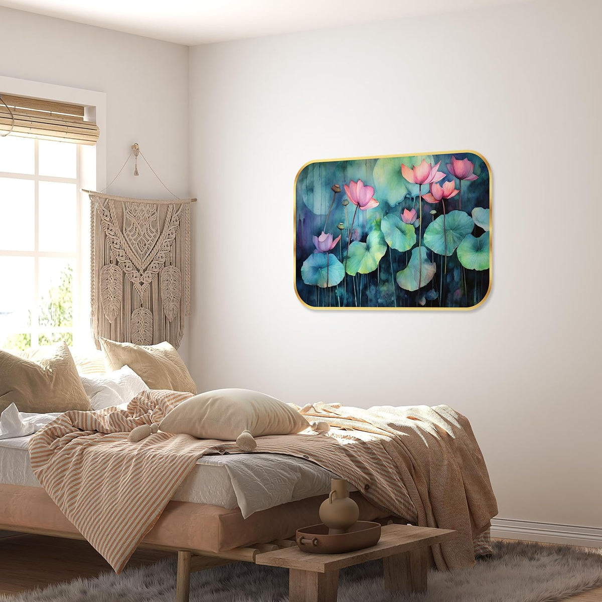Flower modern art Premium Sparkle Lamination Finished Surface Golden Slim Frame 35 cm x 28 cm Large Size, For Home/Office/Hotel painting KG42