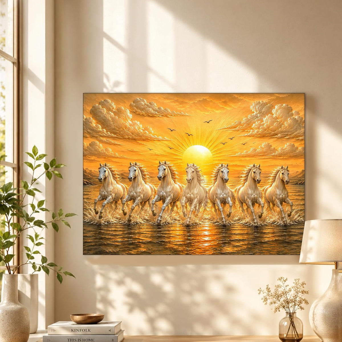 7 White Running Horses Canvas Painting For Living Room | Seven Running Horses Vastu Painting For Bedroom, Home & Office, Stretched Canvas, 16x22 Inch