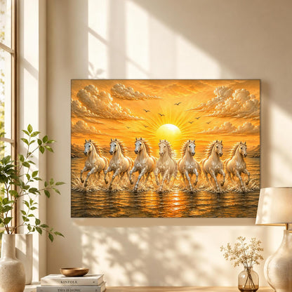7 White Running Horses Canvas Painting For Living Room | Seven Running Horses Vastu Painting For Bedroom, Home & Office, Stretched Canvas, 16x22 Inch