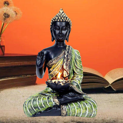 Sitting Buddha Idol Statue for Home Decorations Items Showpiece, Best Indian Gifts for Foreigners, Corporate Gift Items (Green Tea Light Buddha)