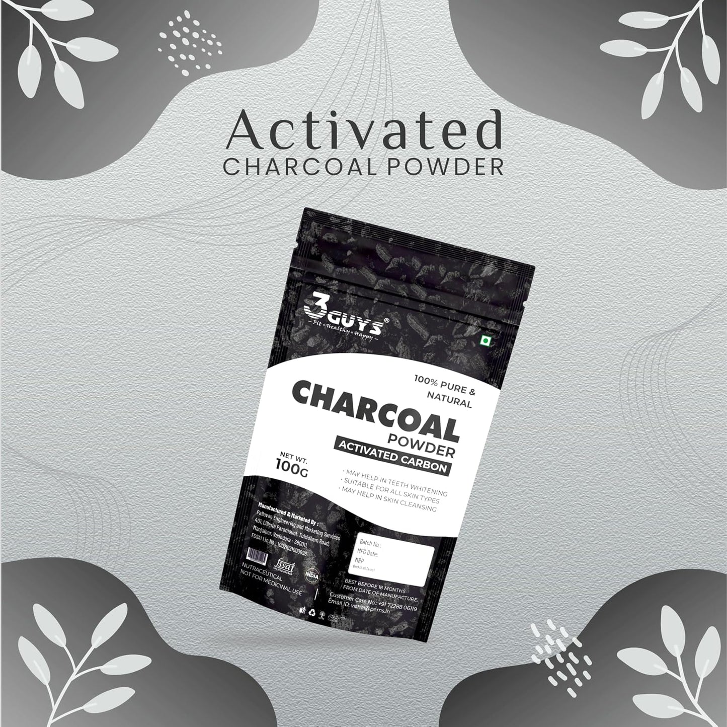 3 Guys Activated Charcoal Powder with Activated Carbon for Face Pack, Deep Cleansing and Detoxifying, 100gm