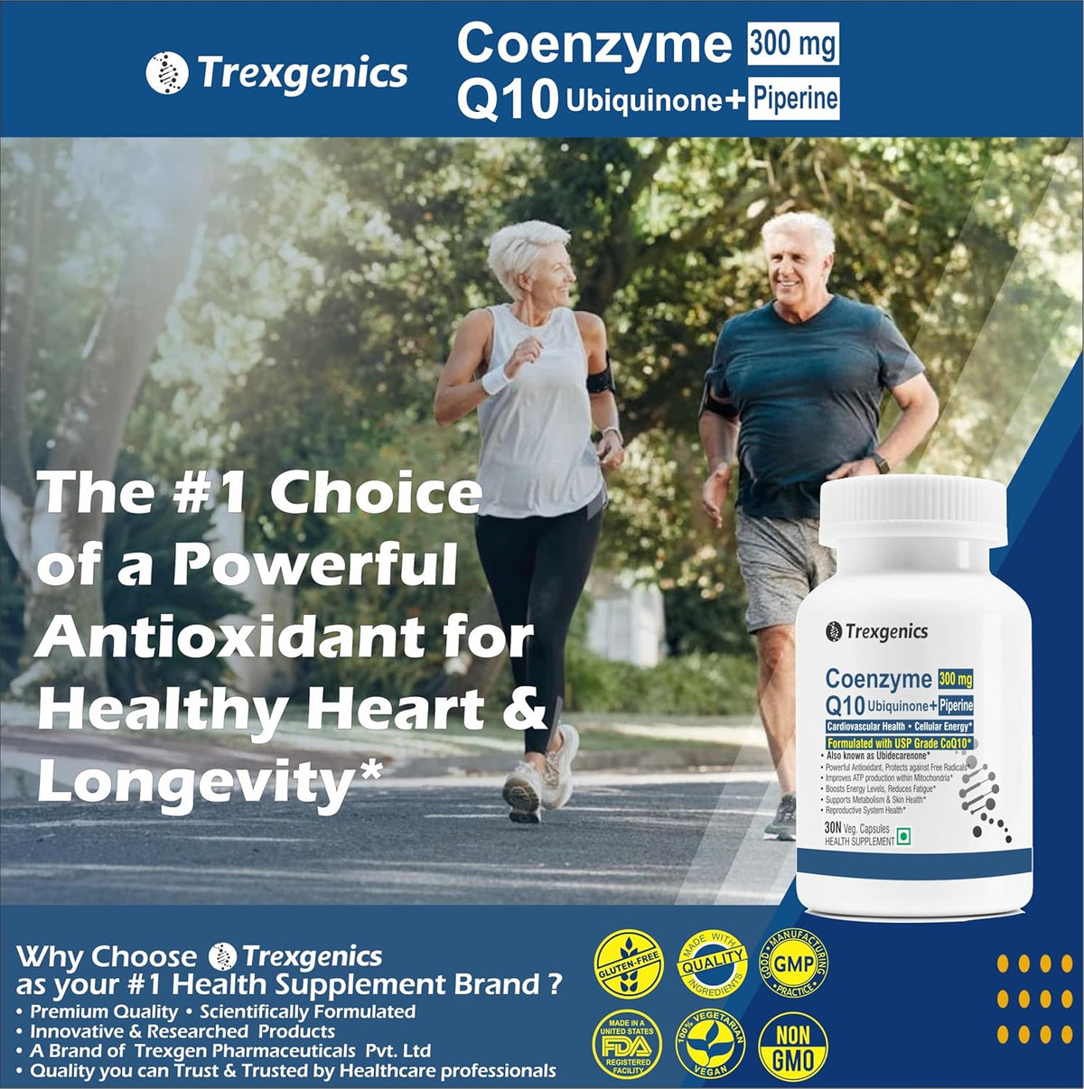 Advertisement for Trexgenics Coenzyme Q10 Ubiquinone+ Piperine supplement with running couple in the background.
