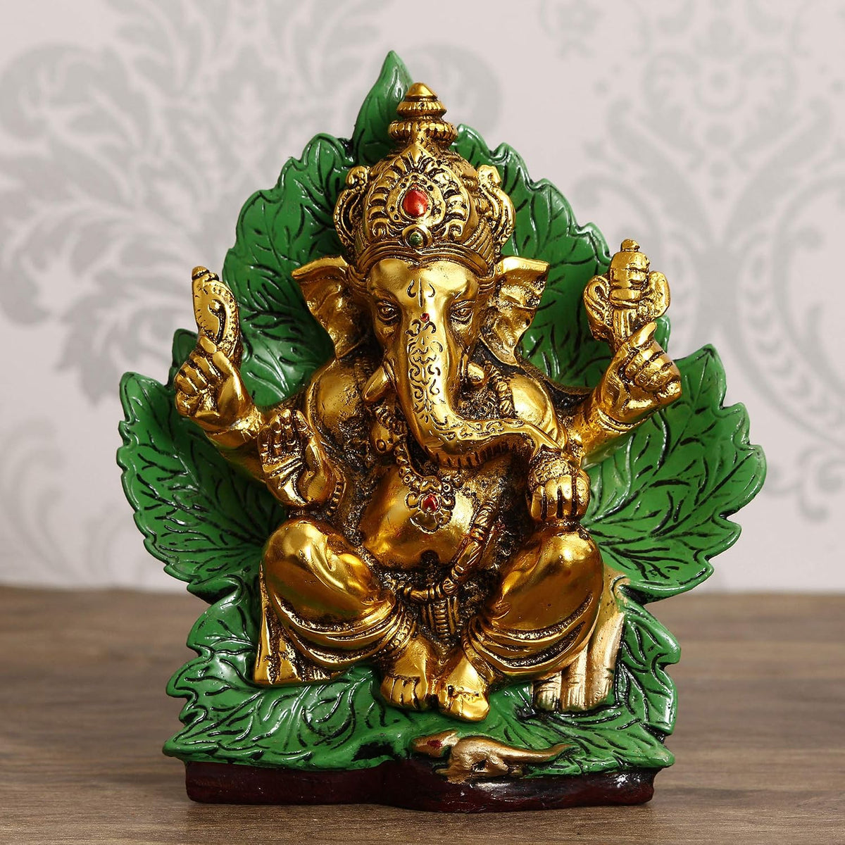 Golden Sitting Lord Ganesha on Green Throne Metal Decorative Showpiece, Green, Golden and Brown, one Size (AGG559)