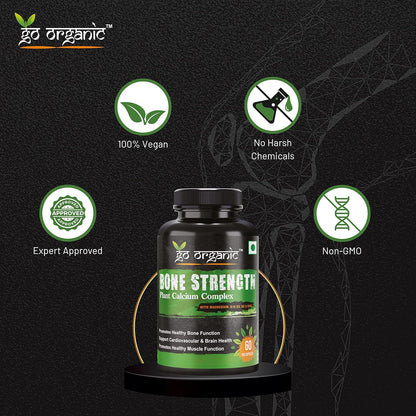 Go Organic Bone Strength - Plant-Based Calcium, Magnesium, Zinc, Vitamin D3, VIT B12, K2 - GMO, Soy, Gluten Free Ingredients - Whole Food Supplement for Bone Health - 60 Vegan Friendly Capsules