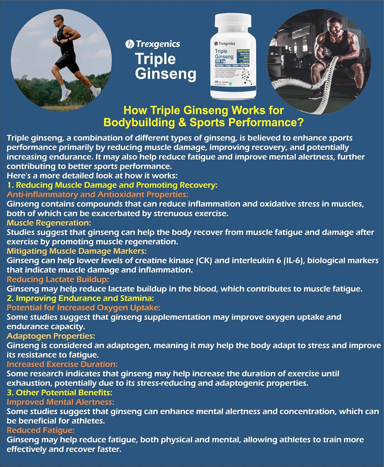 Advertisement for Trexegenics Triple Ginseng with text and images of a man exercising.