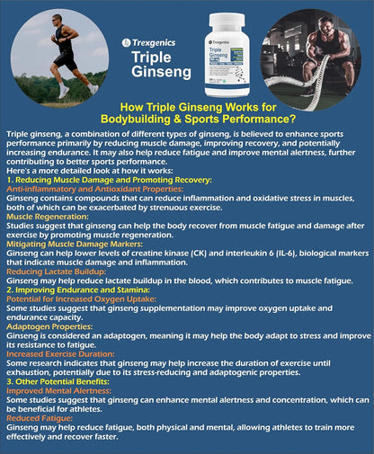 Advertisement for Trexegenics Triple Ginseng with text and images of a man exercising.