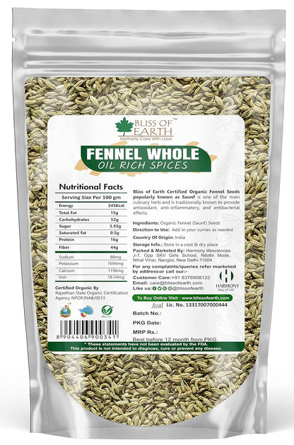 Bliss of Earth Certified Organic Fennel seed (Saunf) Indian Spice Fresh & Sweet Great for Weight loss | digestive health or Cooking (500gm)