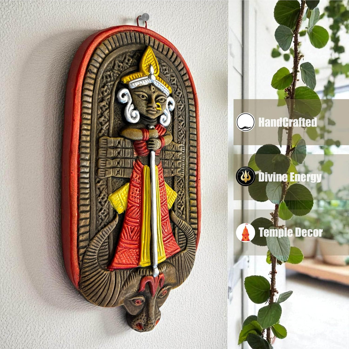 Maa Durga Murti Terracotta Wall Hanging Idol | Mahisasur Mardini Sherawali Devi MATA Wall Art Decor for Home, Temple, Mandir & Office Decor | Spiritual Gifts (23x12 CM)