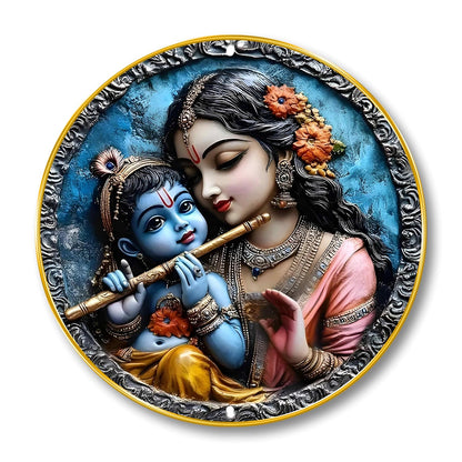 Radha Krishna Round Wall Art | 3D Embossed Divine MDF Panel | Artistic Spiritual Wall Decor for Home, Living Room, Temple & Office | Premium Finish with Golden Rim Frame 12 Inch x 12 Inch