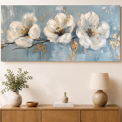 Beautiful Abstract White Flower Stretched Canvas Wall Art Painting For Living Room, Daisy Floral painting for Bedroom, Home and Office, 22x46 Inch