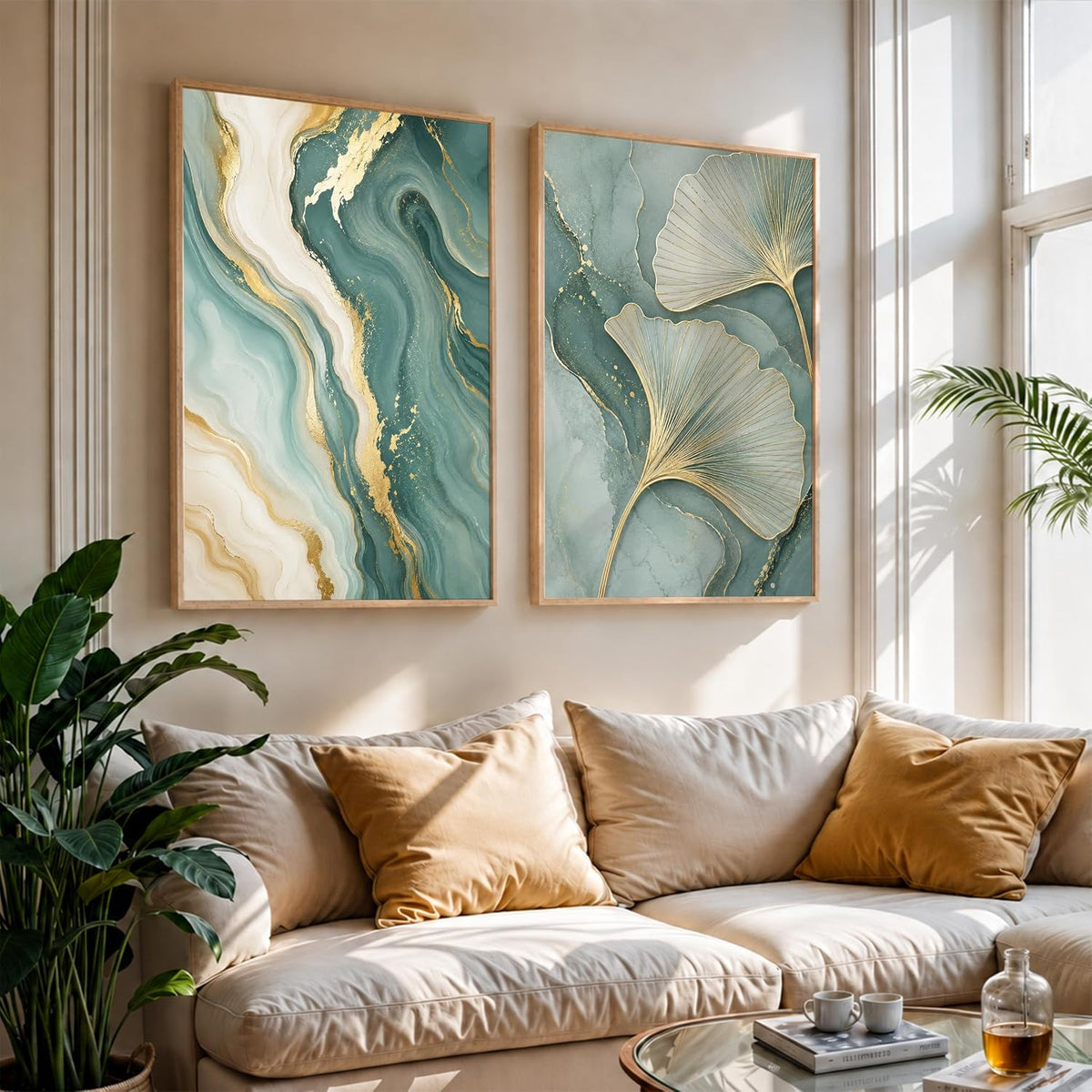 Ginkgo Leaf & Abstract Marble Wall Painting Set of 2 with Frame | Premium Teal Green Gold Botanical Artwork, Luxury Modern Wall Decor for Living Room, Bedroom, Office and Home Decoration (Art-1, 10x13inch)