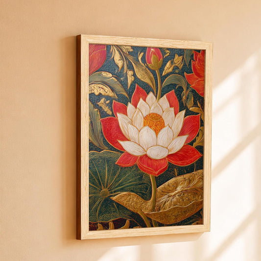 Lotus Flower Framed Wall Art Painting for wall decoration, Red & Gold Blooming Lotus Floral Painting with frame for living room, bedroom, Home and office, 9x13 Inch