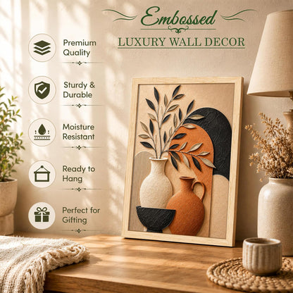 Boho Botanical 3D Textured Embossed Still Life Painting for Living Room, Terracotta & Neutral Ceramic Vases Motifs Rectangular Shape Framed Wall Painting for Home Decor (Size: 13x17 Inch)