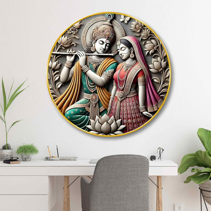Radha Krishna Round Wall Art | 3D Embossed MDF Panel with Golden Rim | Divine Love Theme Home Decor | Traditional Spiritual Wall Frame for Living Room, Bedroom & Gift Purpose 16 Inch x 16 Inch
