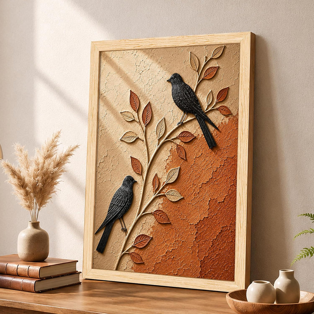Modern Abstract 3D Textured Embossed Bird Painting for Living Room, Terracotta & Neutral Birds on Branch Motifs Rectangular Shape Framed Wall Painting for Home Decor (Size: 13x17 Inch)