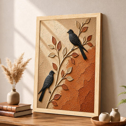 Modern Abstract 3D Textured Embossed Bird Painting for Living Room, Terracotta & Neutral Birds on Branch Motifs Rectangular Shape Framed Wall Painting for Home Decor (Size: 13x17 Inch)