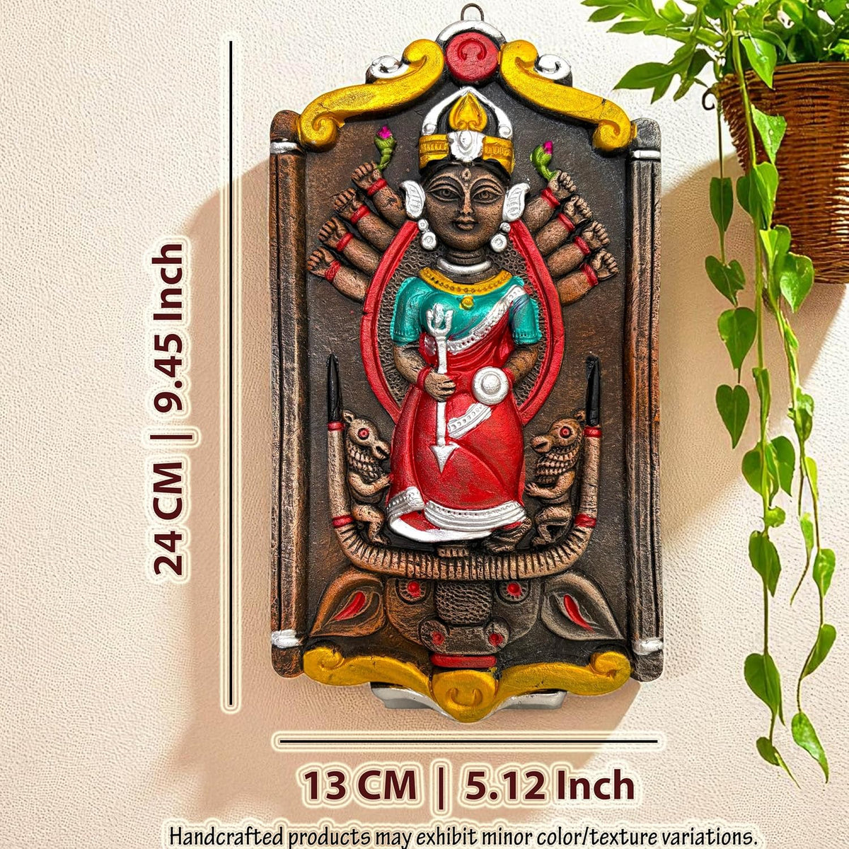 Maa Durga Murti Mahisasur Mardini Terracotta Wall Hanging Idol | Sherawali Devi MATA Wall Art Decor for Home Temple, Mandir, Living & Office Decor | Spiritual Gifting (24x13 CM)