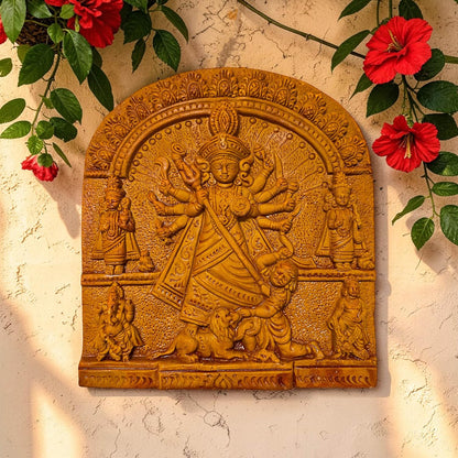 Maa Durga Parivar Terracotta Wall Hanging Murti Idol | Sherawali Devi MATA Spiritual Wall Hanging Decor for Mandir, Home & Office Decoration | Spiritual Gift (22 x 21 CM)