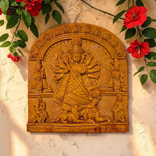 Maa Durga Parivar Terracotta Wall Hanging Murti Idol | Sherawali Devi MATA Spiritual Wall Hanging Decor for Mandir, Home & Office Decoration | Spiritual Gift (22 x 21 CM)