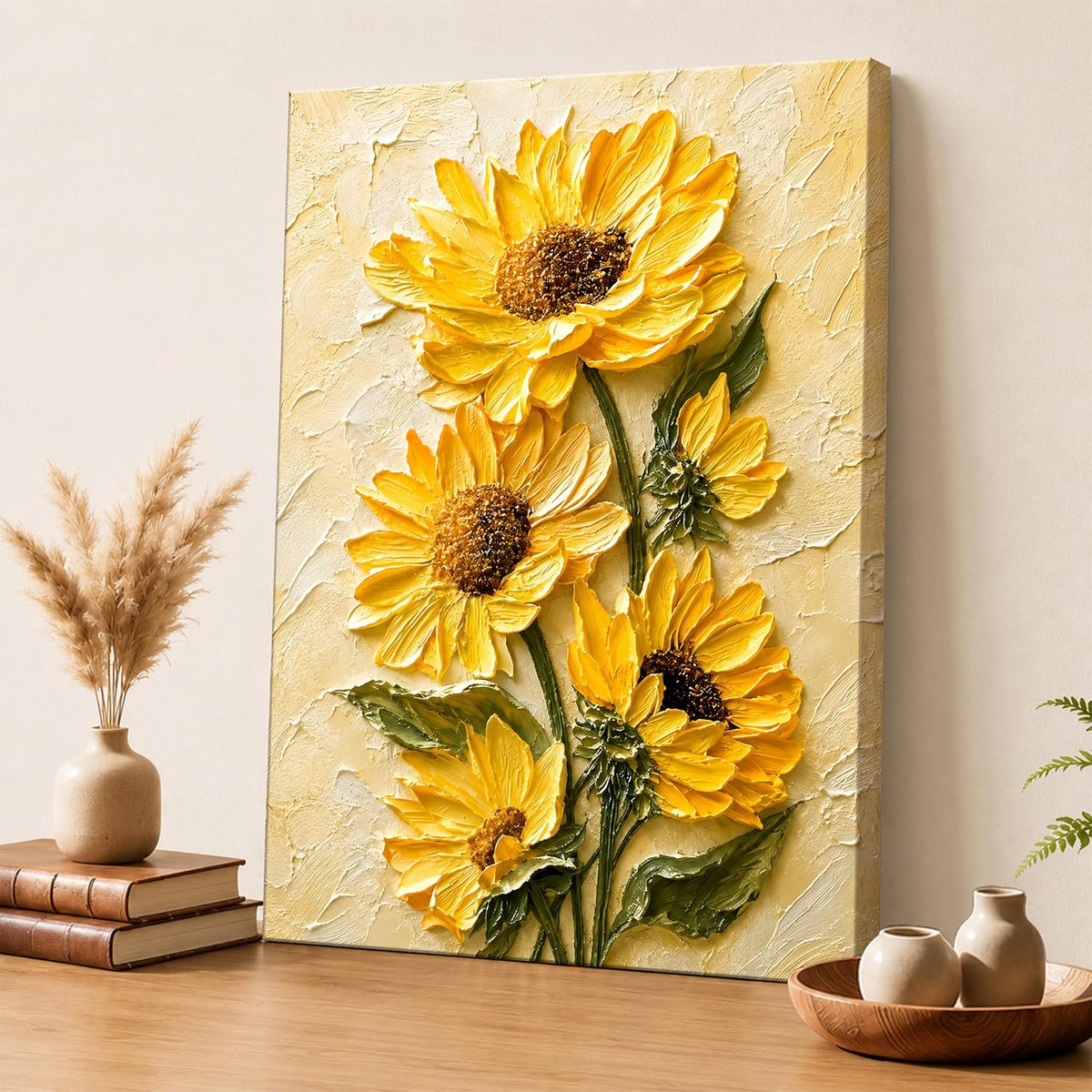 Textured Embossed Floral Canvas Wall Art Painting for wall decoration, Vibrant Yellow Sunflower Motifs Stretched Canvas Painting for living room, bedroom, office and Home, 16x22 Inch