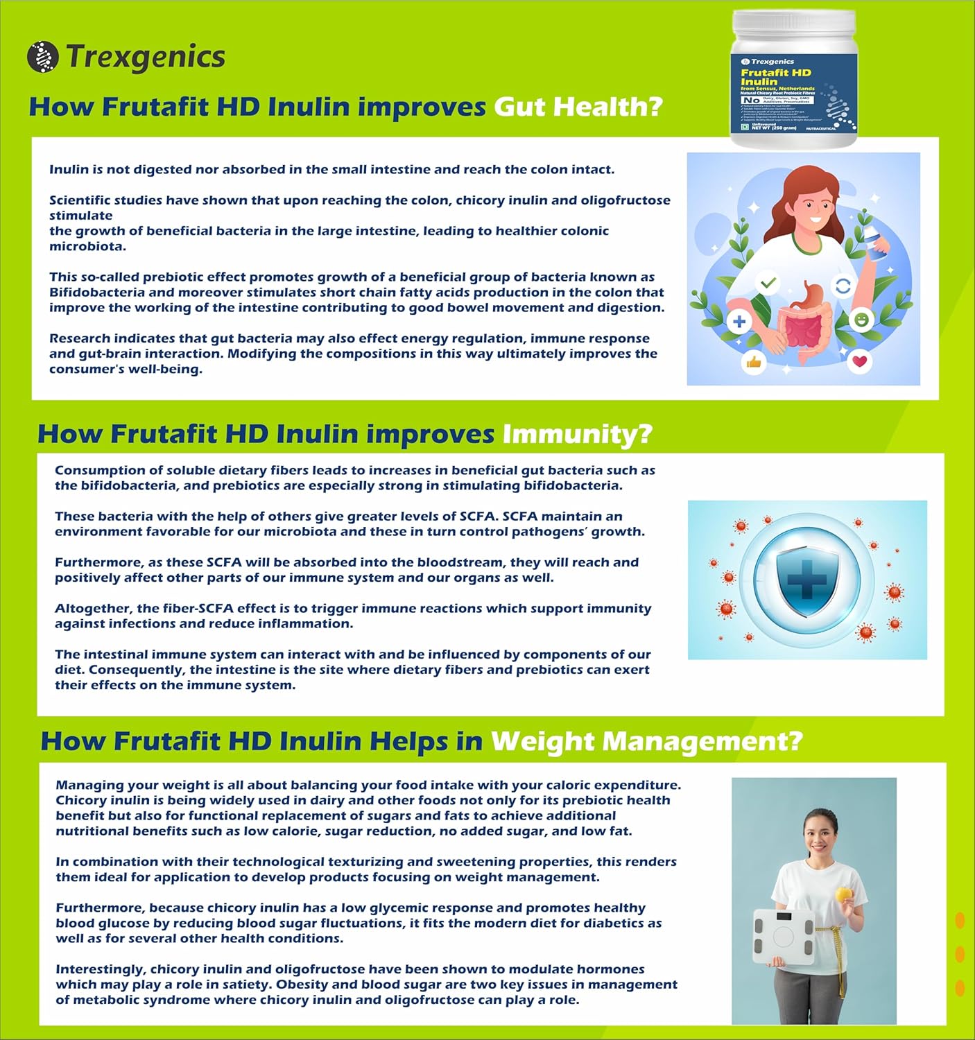 Brochure or flyer from Trexegenics about Frutafit HD Inulin's benefits for gut health, immunity, and weight management.