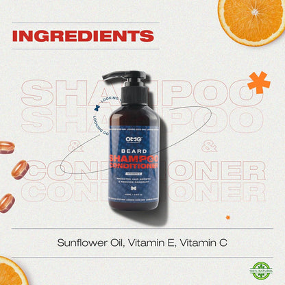 OZIO beard shampoo & conditioner bottle with ingredients listed on a light gray background