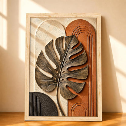 Modern Abstract 3D Textured Embossed Leaf Painting for Living Room, Terracotta & Gold Monstera Leaf Motifs Rectangular Shape Framed Wall Painting for Home Decor (Size: 13x17 Inch)
