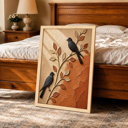 Modern Abstract 3D Textured Embossed Bird Painting for Living Room, Terracotta & Neutral Birds on Branch Motifs Rectangular Shape Framed Wall Painting for Home Decor (Size: 13x17 Inch)