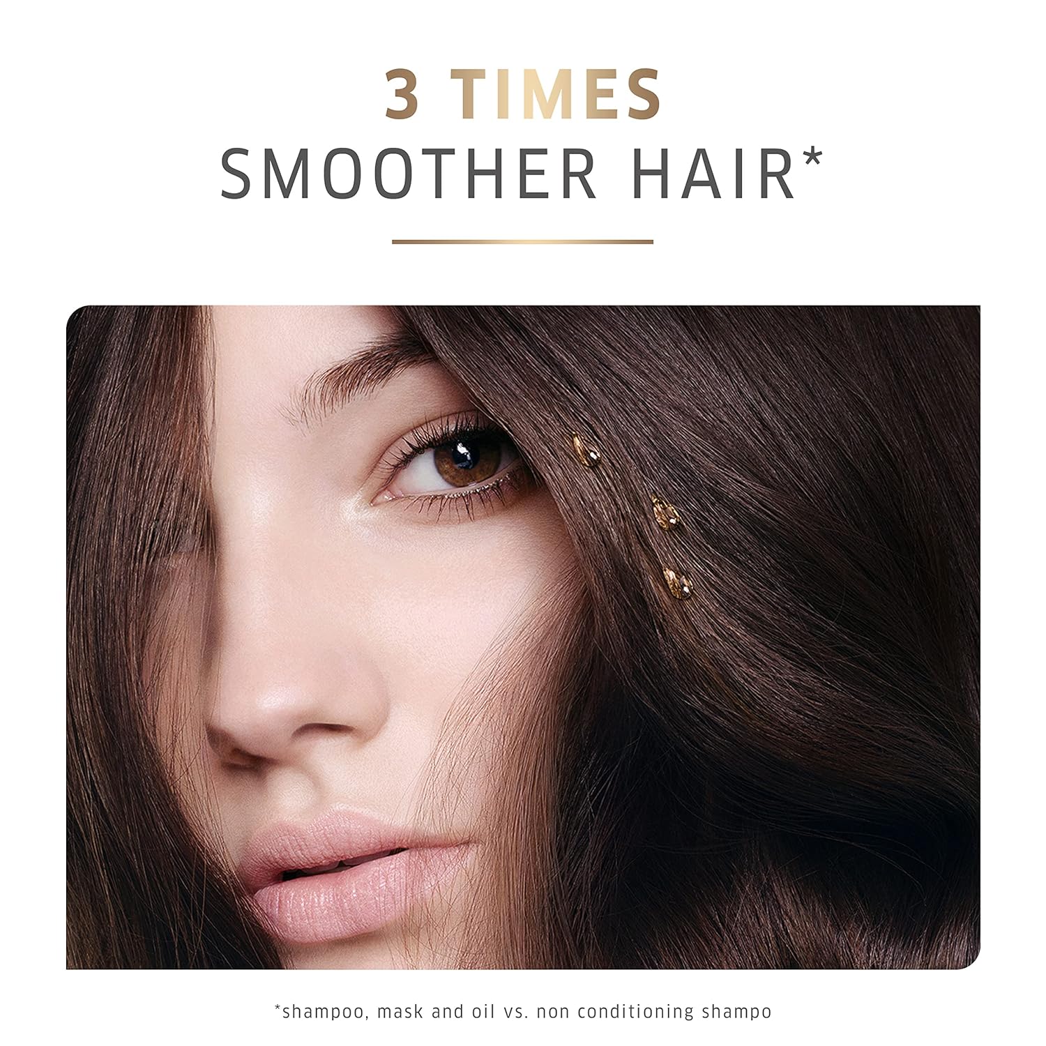 Close-up of a person with smooth brown hair, highlighting hair care product benefits.