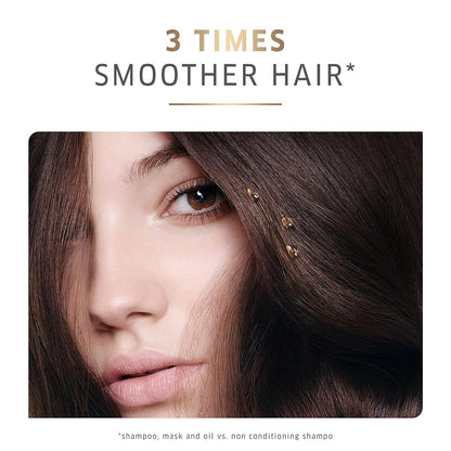 Close-up of a person with smooth brown hair, highlighting hair care product benefits.