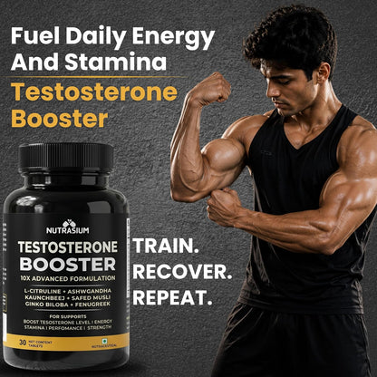 Nutrasium Testosterone Booster Supplement For Men | Testo Booster with Tribulus 1000mg & Ashwagandha 500mg | L-Citrulline & Kaunch Beej | Safed Musli & Ginkgo Biloba | 30 Veg Tablets