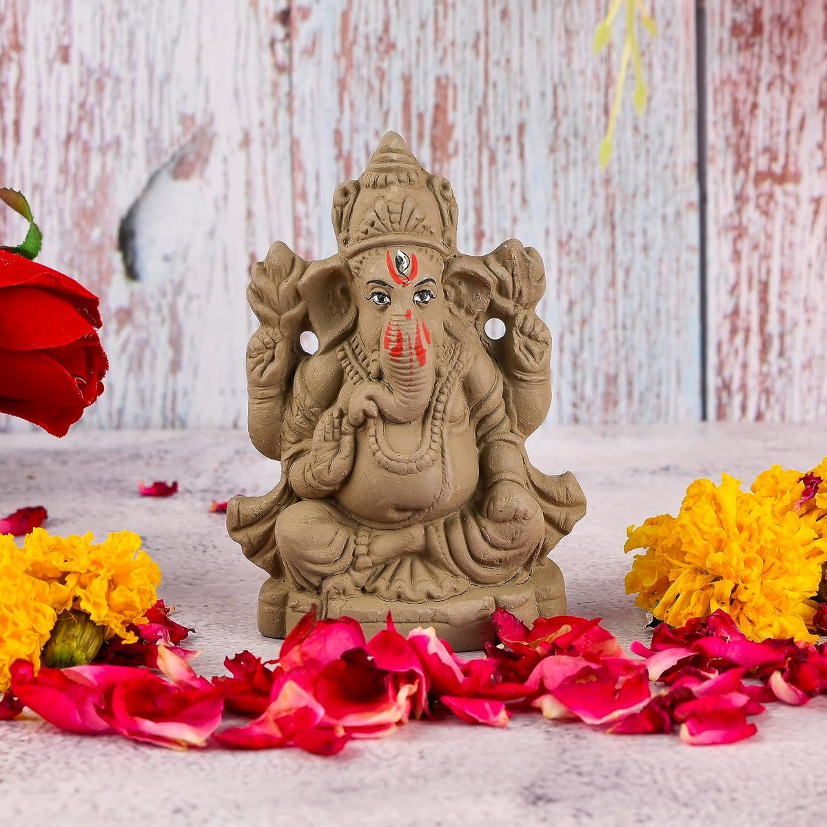 SAUDEEP INDIA Mitti Ganesh Idol | Eco-Friendly Mud/Clay 4 Bhuja Mukut Ganesh Murti | Ganpati Figurine for Visarjan | Biodegradable Ganesha Statue | Ganesh Chaturthi(4x3 Inches) (Regular Quality)