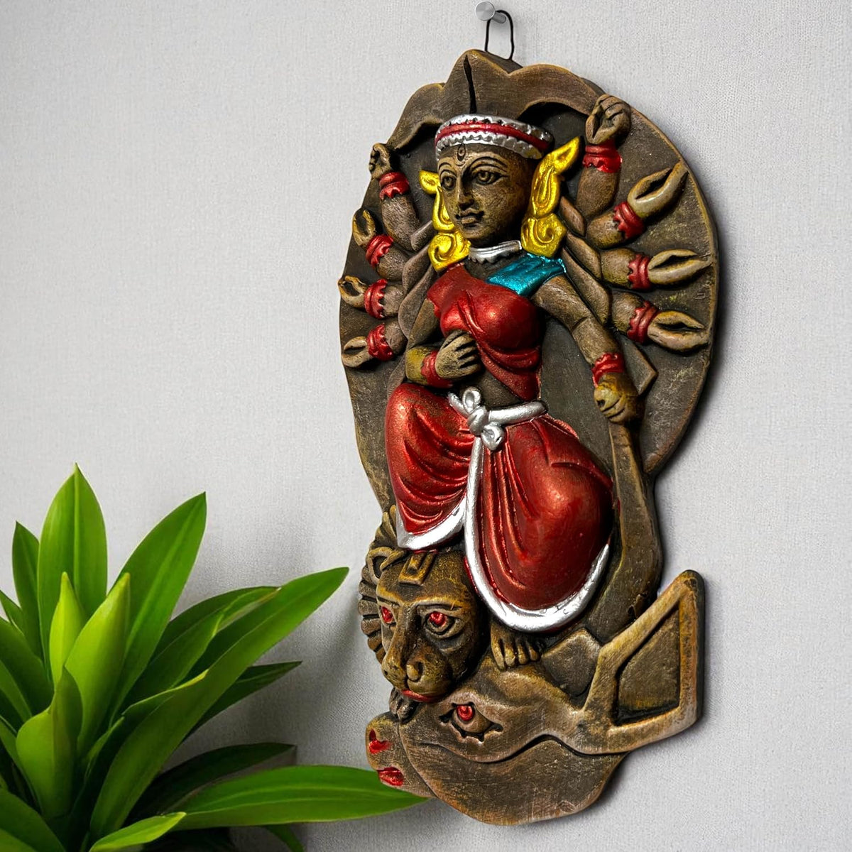 Maa Durga Terracotta Wall Hanging Idol Murti | Mahisasur Mardini Sherawali Devi MATA Wall Art Decor for Home, Temple, Mandir & Office Decor | Spiritual Gifts (24x15 CM)