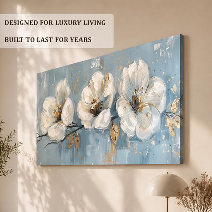 Beautiful Abstract White Flower Stretched Canvas Wall Art Painting For Living Room, Daisy Floral painting for Bedroom, Home and Office, 22x46 Inch