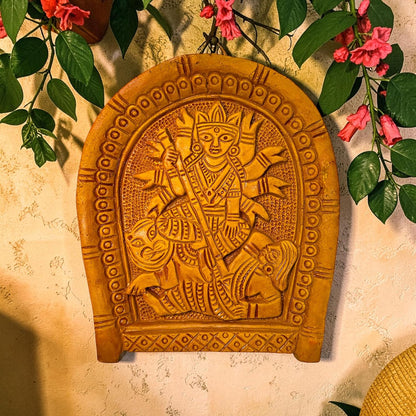 Maa Durga Murti Mahisasur Mardini Terracotta Wall Hanging Idol Murti | Sherawali Devi MATA Wall Art Decor for Home Temple, Mandir, Living & Office Decor | Spiritual Gift (22x19 CM)