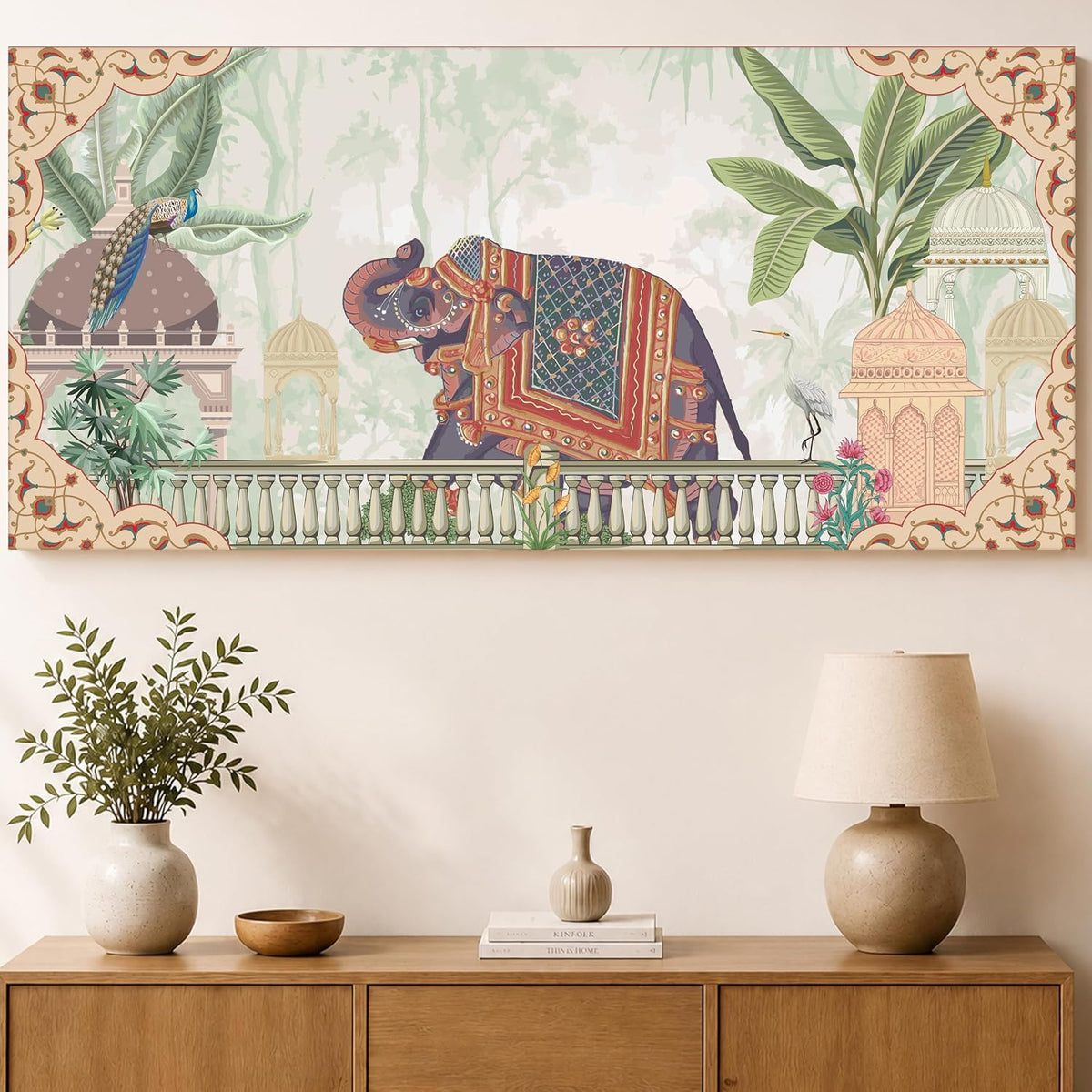Royal Mughal Garden Elephant Canvas Wall Painting for Living Room, Floral Elephant Vastu Painting Cultural Indian Style, Rajasthani Inspired Artwork for Home & Office 22x46 Inch