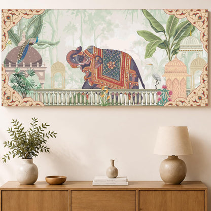 Royal Mughal Garden Elephant Canvas Wall Painting for Living Room, Floral Elephant Vastu Painting Cultural Indian Style, Rajasthani Inspired Artwork for Home & Office 22x46 Inch