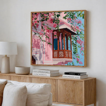 Jaipur Pink City Framed Painting For Living Room | Jharokha Art Large Canvas Painting With Frame Wall Art For Bedroom, Hallway's, Office, Hotel, Size 58x58 cm