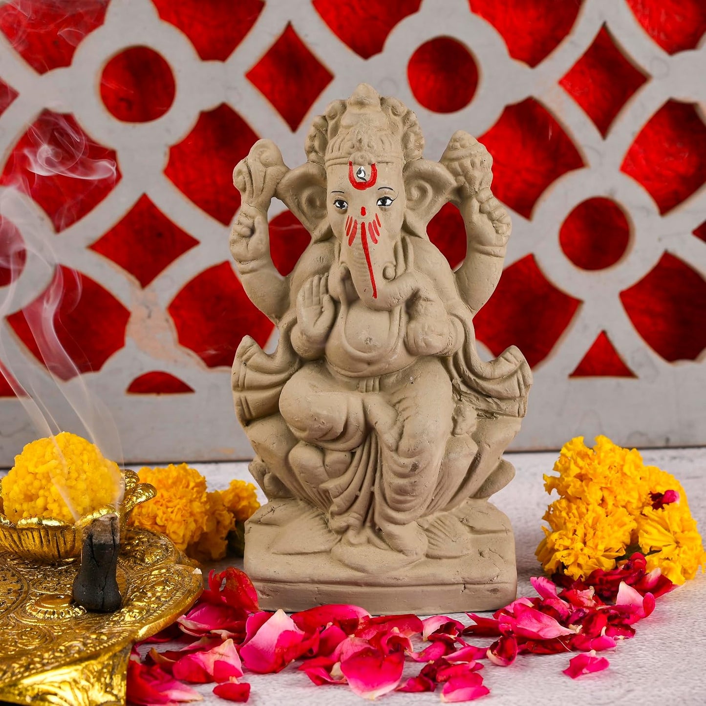SAUDEEP INDIA 6 Inch Mitti Ganesh Idol | Eco-Friendly Handcrafted Mud/Clay Ganesh Murti | Ganpati Figurine for Visarjan | Biodegradable Lotus Ganesha Statue | Ganesh Chaturthi (Export Quality)