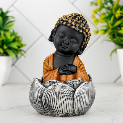 Laughing Buddha Baby Monk Idol Statue Showpiece Home Decor Items for Living Room and Gifts (Brown Black)
