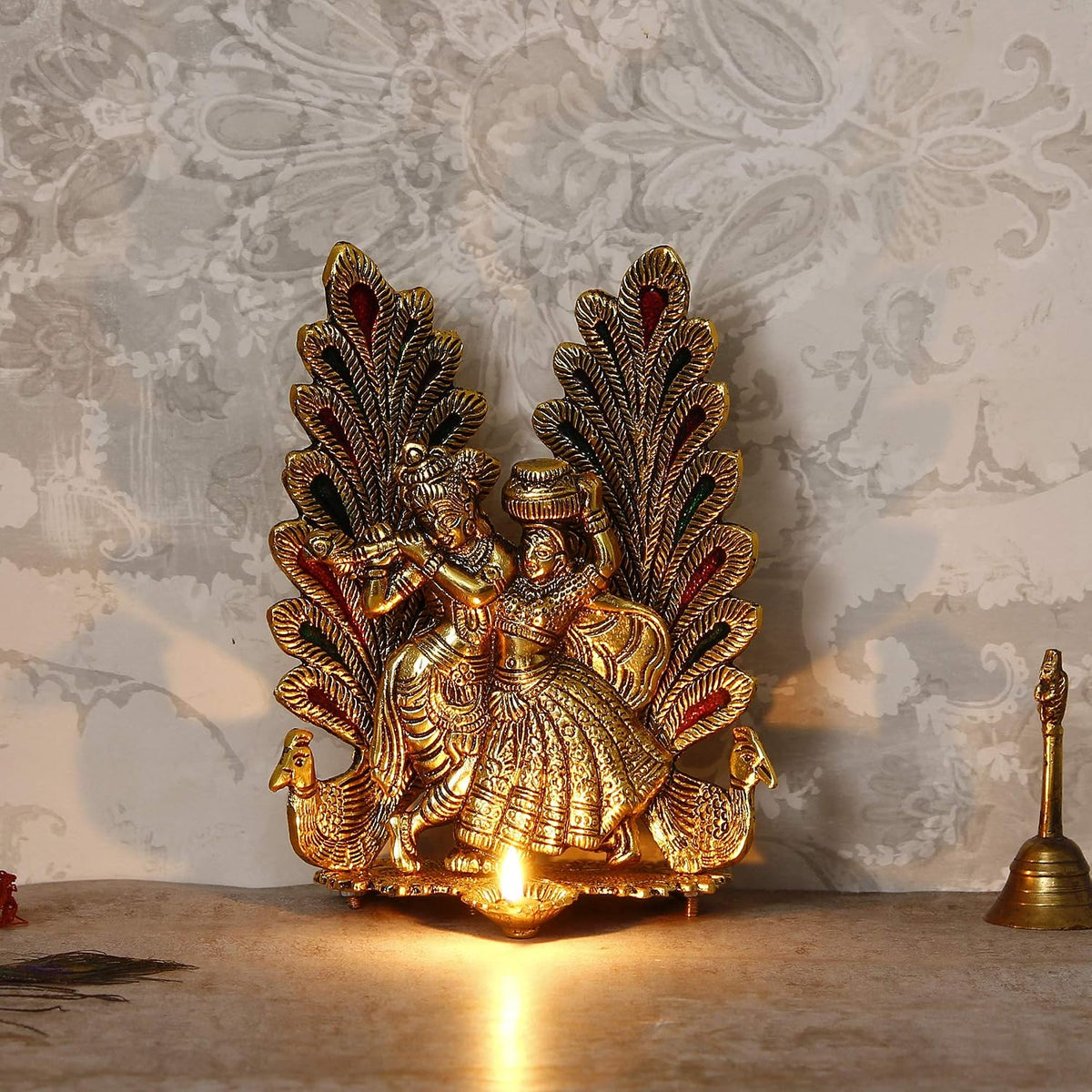 Decorative Golden Metal Radha Krishna Idol with Diya Decorative Showpiece for Home Decor Pooja Room Temple | Gift for Diwali Krishna Janmashtami Housewarming Wedding Birthday